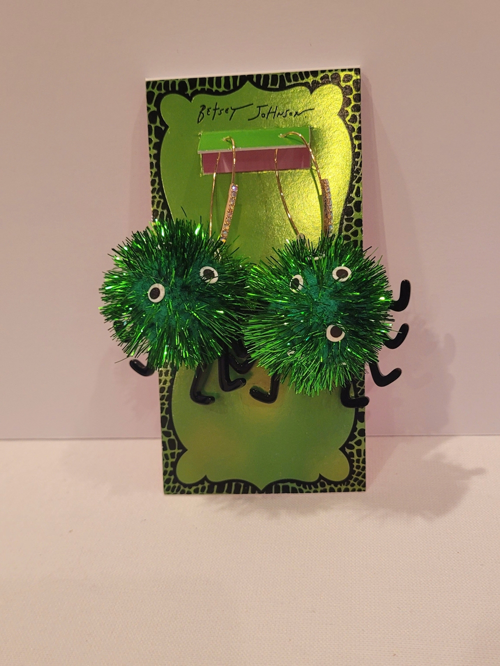 Betsey Johnson Green Pom Pom Spider Drop Earrings